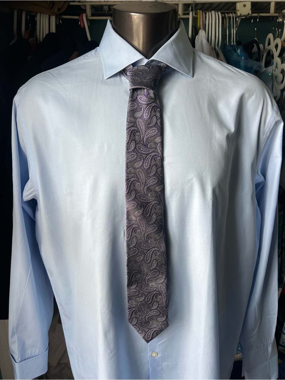 Punto Uomo Platinum Men's Woven Silk Paisley Tie Purple Gray Long Pointed